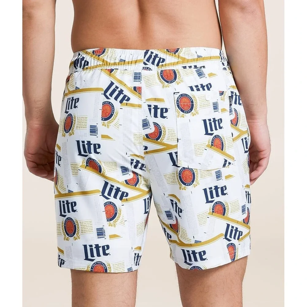 Miller Lite Beer Label Swim Trunks Men's Small White Logo Print Board Shorts